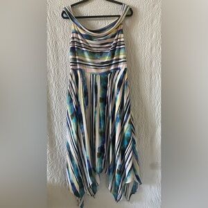 ECI New York Asymmetrical Abstract Print Cowl Neck Sheer Overlay Midi Dress